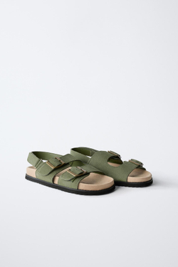 ZARA КОЖАНЫЕ САНДАЛИИ С ПРЯЖКАМИ, ЗЕЛЕНЫЙ ХАКИ