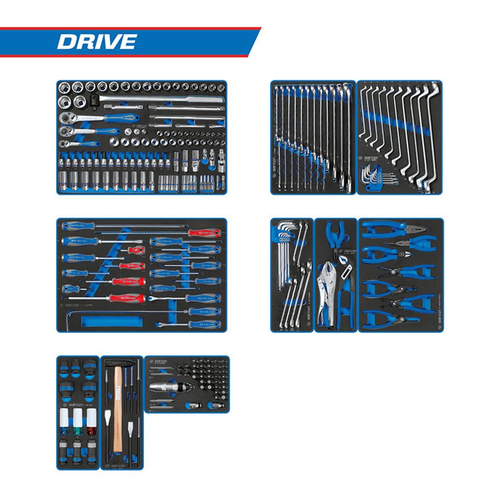 Набор инструментов &amp;quot;DRIVE&amp;quot; для тележки, 10 ложементов, 251 предмет KING TONY 934-251MRVD