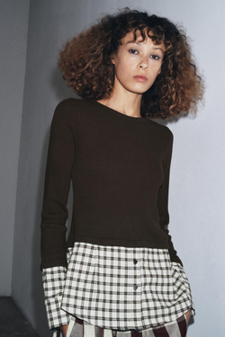 ZARA КОМБИНИРОВАННАЯ ФУТБОЛКА В КЛЕТКУ, КОРИЧНЕВЫЙ