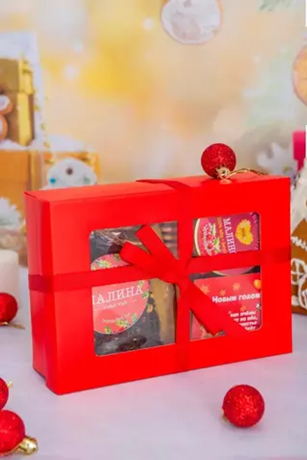 Набор №95 алый "2 вида меда + чай + свеча + ложка"