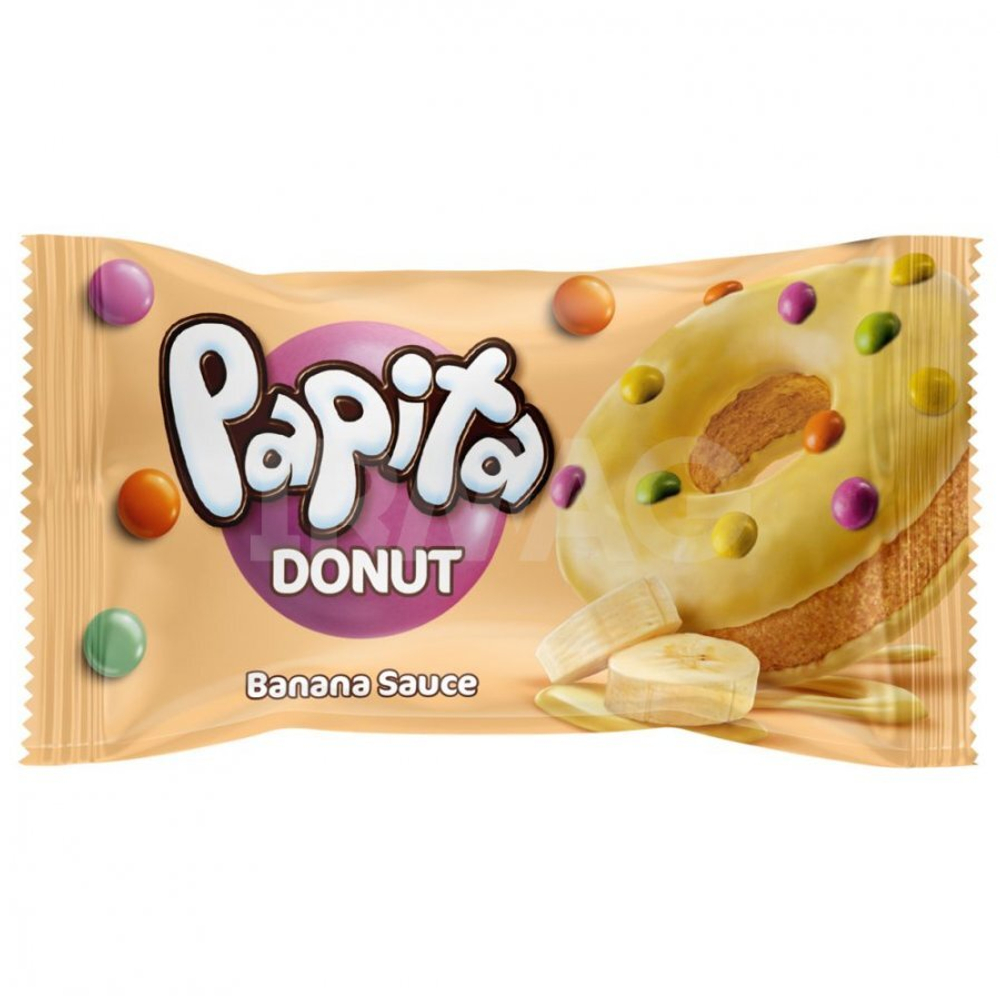 Кекс PAPITA DONUT с  глазурью, банановой начинкой и цветными драже 40гр