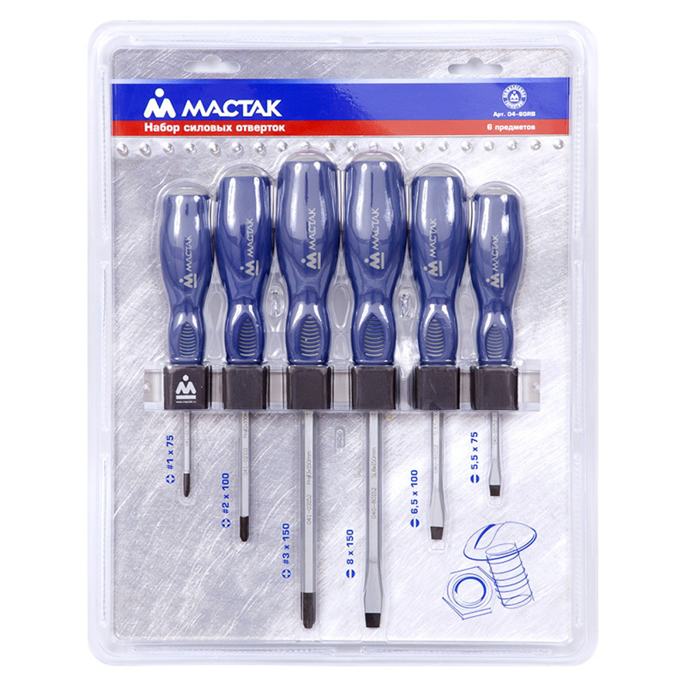 МАСТАК (04-6GRB) Набор силовых отверток с держателем (PH, SL) 6 предметов