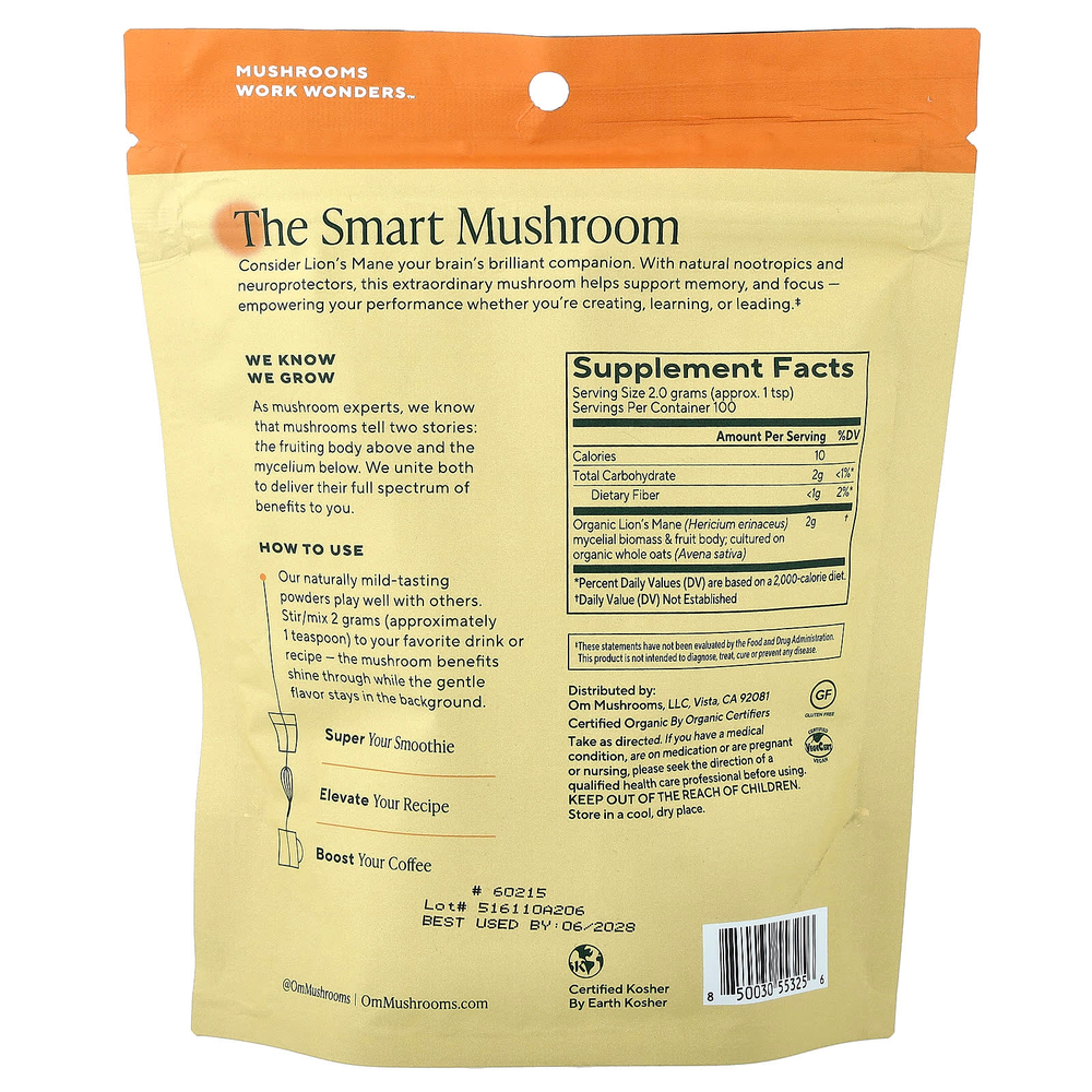 Om Mushrooms, грибной порошок, ежовик гребенчатый, 200 г (7,05 унции)