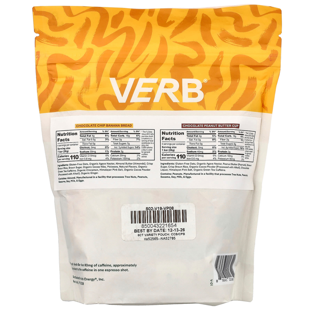 Verb Energy, энергетические батончики с кофеином, ассорти вкусов, 8 батончиков по 26 г (0,92 унции)