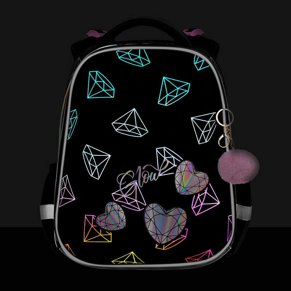 Ранец BRAUBERG LUMINOUS, 2 отделения, с брелоком, "Diamonds", СВЕТЯЩИЙСЯ РИСУНОК, 38х29х16 см, 272070
