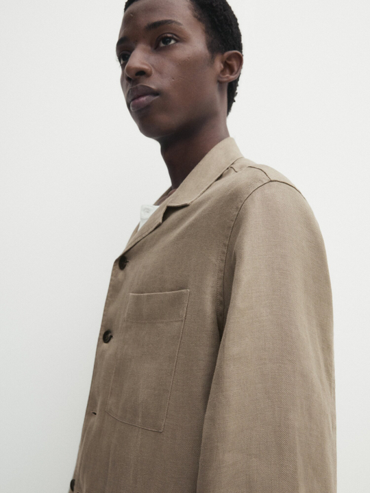 Massimo Dutti Куртка-рубашка из 100% льна с карманом, песочный