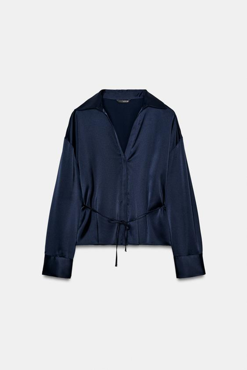 ZARA АТЛАСНАЯ БЛУЗКА С ТОНКИМ ПОЯСОМ, МОРСКОЙ СИНИЙ