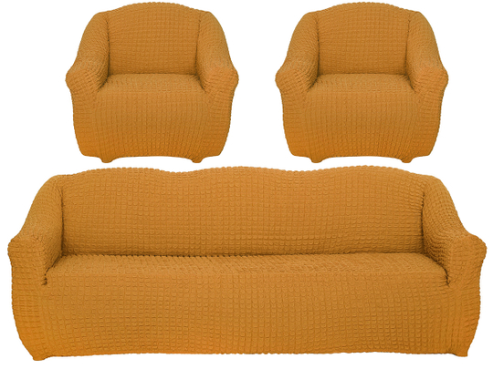 Комплект чехлов на диван и 2 кресла без оборки, цвет Горчичный
