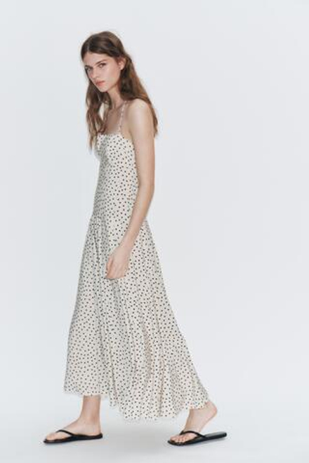 ZARA ПЛАТЬЕ МИДИ В ГОРОШЕК С ГОРЛОВИНОЙ ХАЛТЕР И ОБЪЕМНЫМИ ДЕТАЛЯМИ, БЕЛЫЙ/ЧЕРНЫЙ