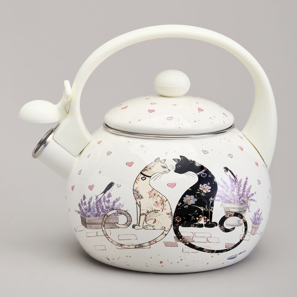 ЧАЙНИК AGNESS ЭМАЛИРОВАННЫЙ СО СВИСТКОМ СЕРИЯ "LAVENDER CATS", 2,2 Л
