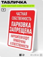 Табличка для частной территории "Частная собственность, парковка запрещена", на дом, для участка, организаций, предупреждающая, 40х30 см, Silver Plane x Айдентика Технолоджи