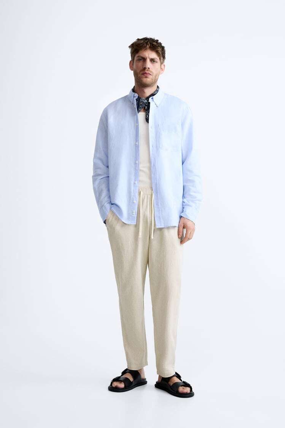 ZARA БРЮКИ ИЗ ХЛОПКА И ЛЬНА, СВЕТЛО-БЕЖЕВЫЙ