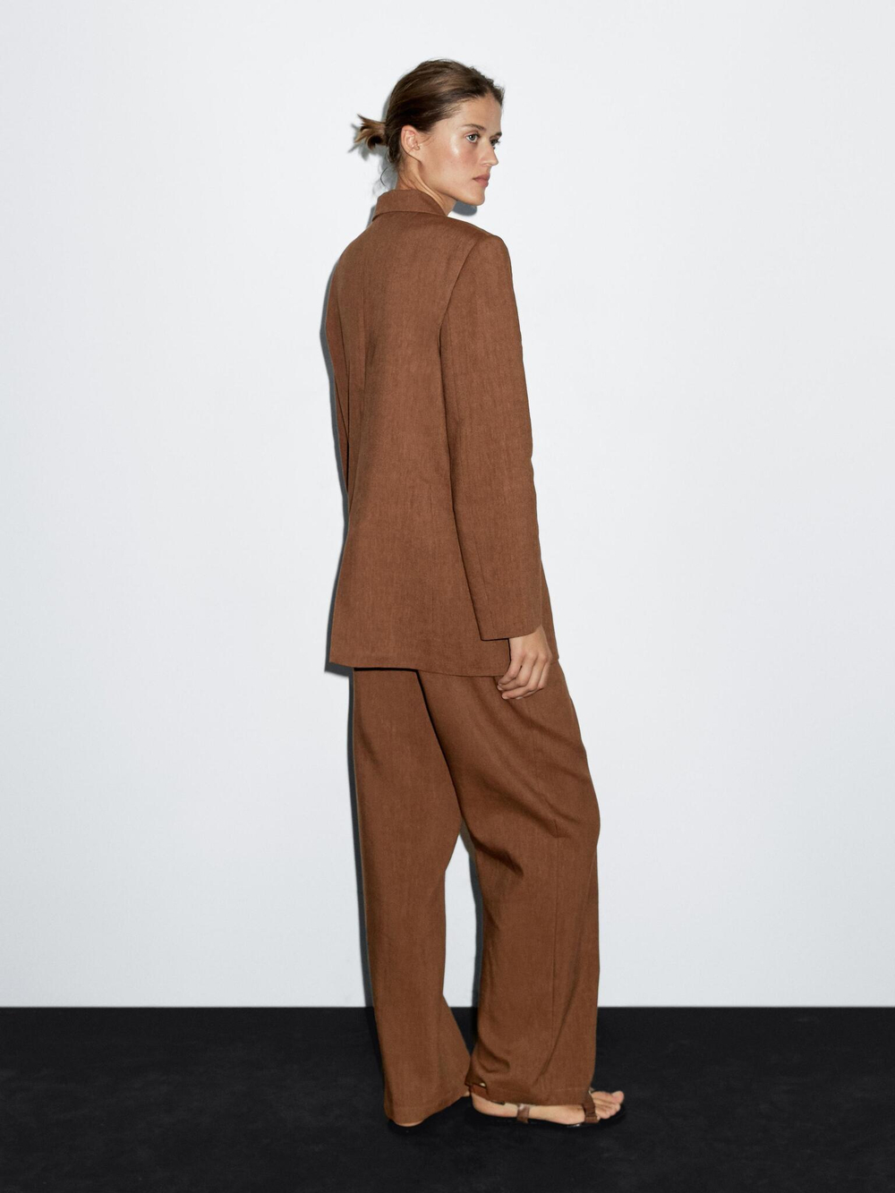 Massimo Dutti Брюки из смесового льна с широкими штанинами, коричневый