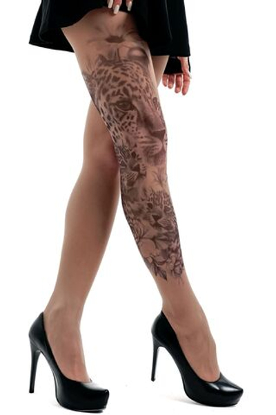 Колготки +size с принтом в виде семейства леопардов (Размер: XL-XXL-XXXL) (Цвет: бежевый)