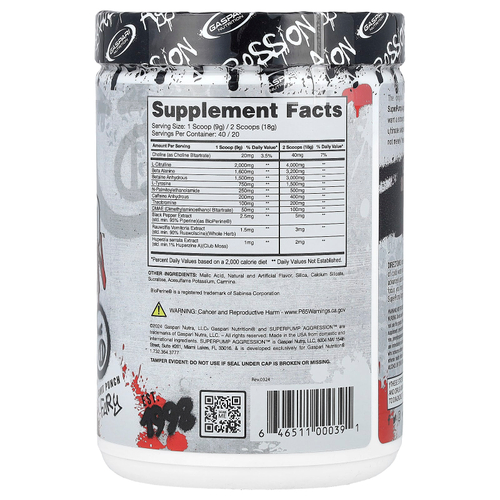 Gaspari Nutrition, SuperPump Aggression ™, предтренировочное средство, Fruit Punch Fury, 360 г