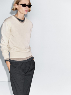 Massimo Dutti Свитер из смесовой шерсти с V-образным вырезом, бежевый