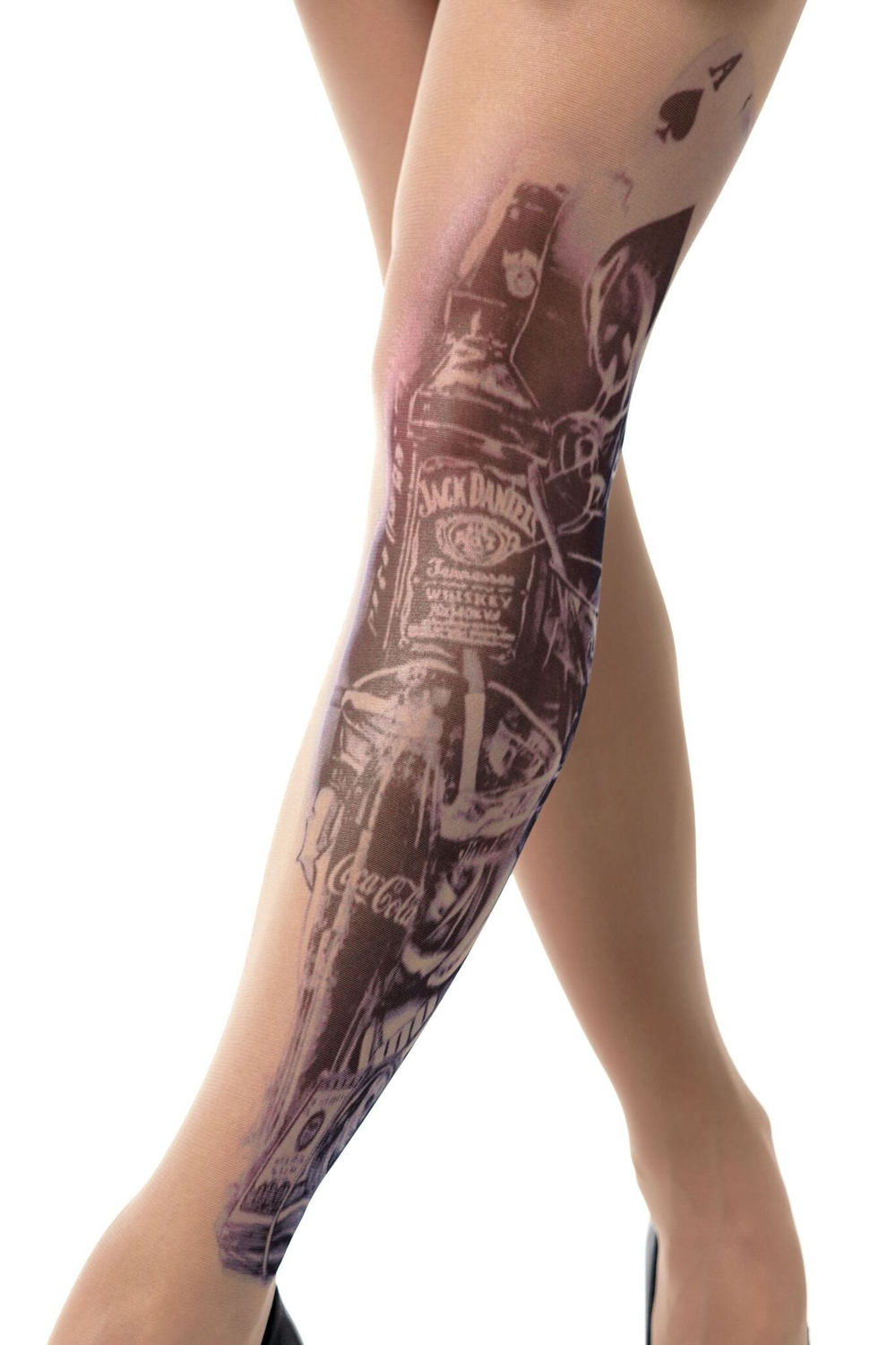 Колготки с принтом в виде карт, напитков и купюр (Размер: S-M-L) (Цвет: бежевый)