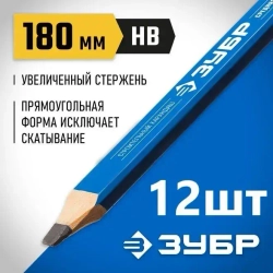 Удлиненный строительный карандаш плотника ЗУБР, HB, 180мм, 12шт, утолщенный стержень 3*6 мм, КСК