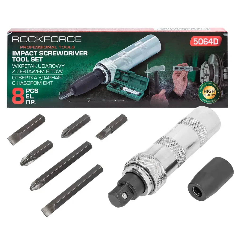 Отвертка ударная с набором бит, 8пр. RockFORCE RF-5064D