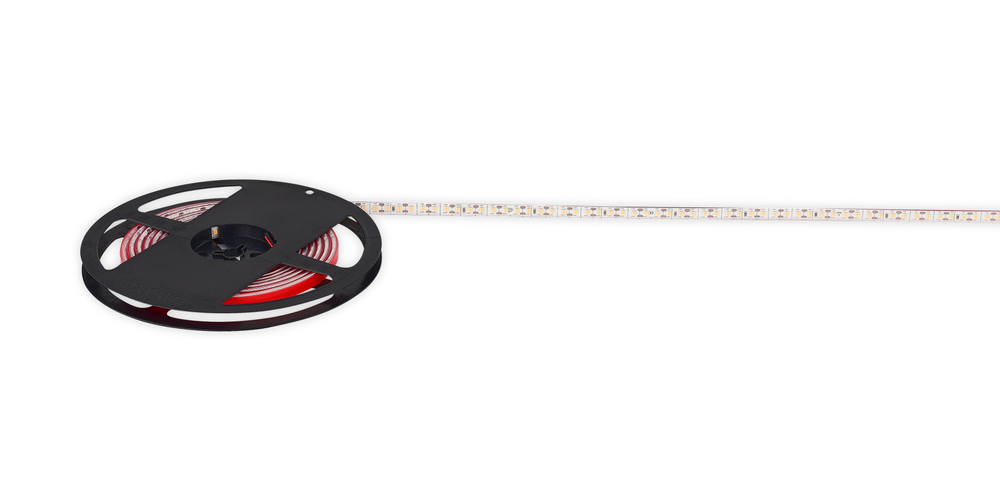 Лента светодиодная SMD тёпло-белая DC24V 9, 6W/m 3000K 1335Lm/m 120д/м CRI>90 IP65,  упаковка 5 метров,  ширина 8мм,  высота 3, 8мм,  самоклейкая