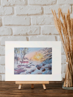 Картина авторская акварельная в паспарту 21х30 см на стену для интерьера "Морозное утро"