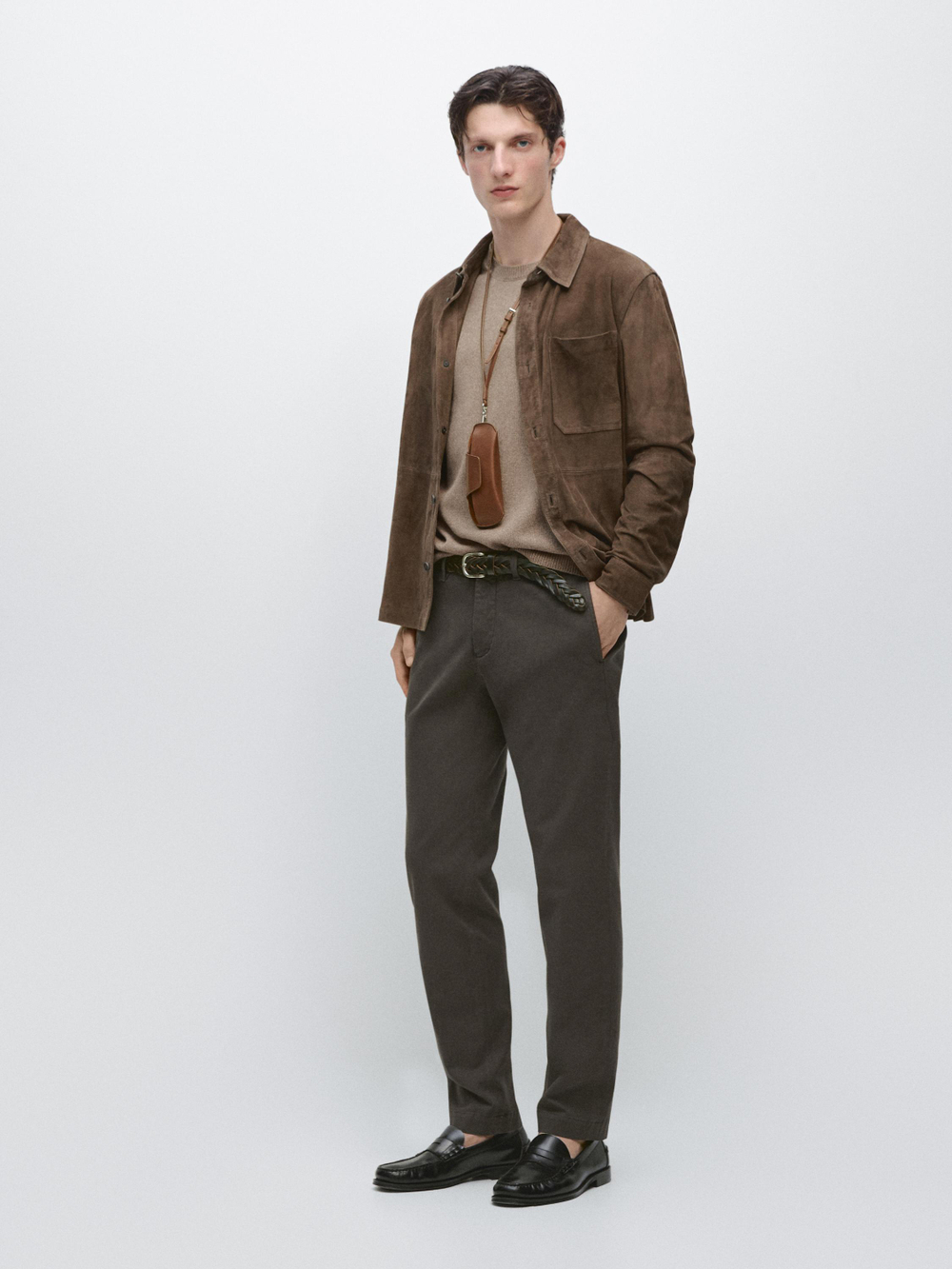 Massimo Dutti Зауженные брюки из смесовой хлопковой ткани, коричневый