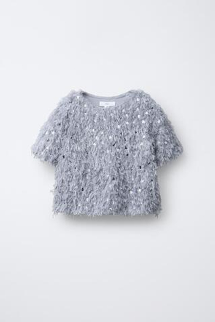 ZARA ФУТБОЛКА С ПЕРЬЯМИ И ПАЙЕТКАМИ, СЕРО-СИНИЙ