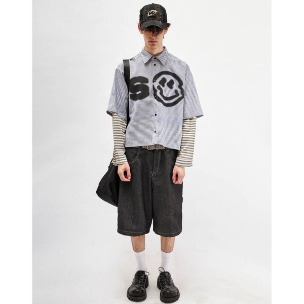 Рубашка Line укороченная голубая / белая / серая - фото 2