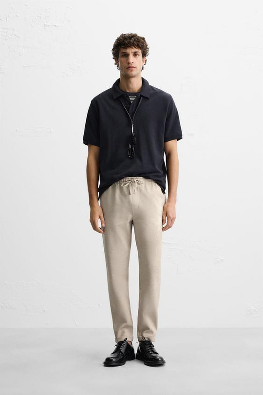 ZARA БРЮКИ EASY CARE С ПОЯСОМ НА ШНУРКЕ, ПЕСОЧНЫЙ