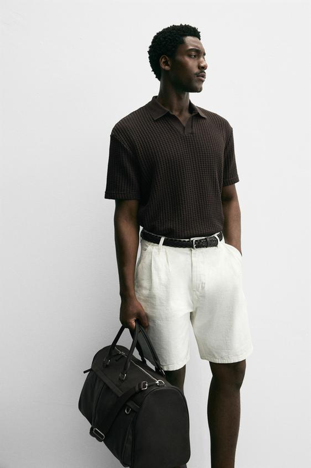 ZARA ДОРОЖНАЯ СУМКА ИЗ РЕЛЬЕФНОЙ ТКАНИ, КОРИЧНЕВЫЙ