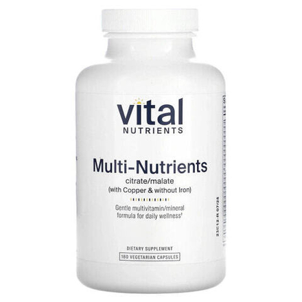 Витаминно-минеральные комплексы Vital Nutrients, Мульти питательные вещества цитрат / малат (с медью и без железа), 180 вегетарианских капсул