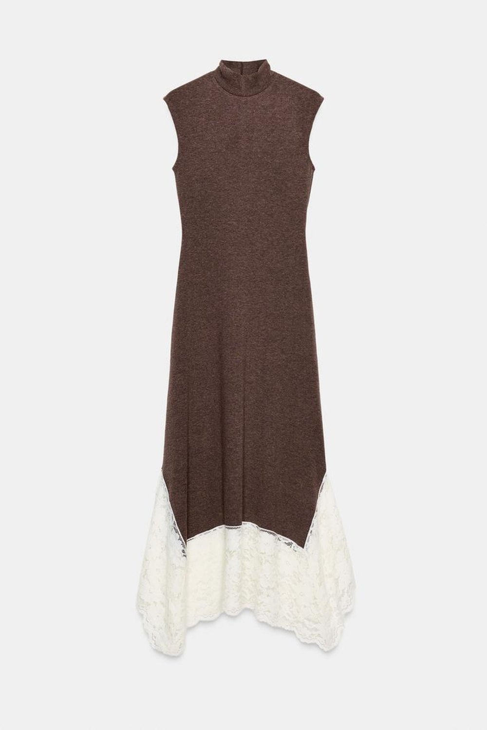 ZARA ДЛИННОЕ КОМБИНИРОВАННОЕ ПЛАТЬЕ С КРУЖЕВОМ, КОРИЧНЕВЫЙ