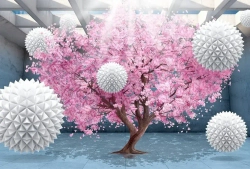 Фотообои виниловые на флизелиновой основе "Дерево с колючими шарами 3D розовый", Арт. 14-079, 400х270см (ШхВ)
