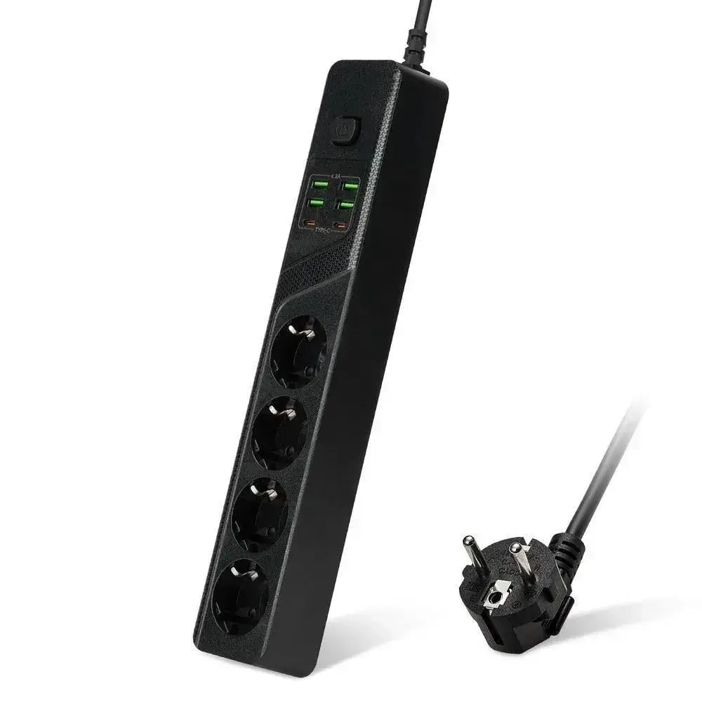 Сетевой фильтр с предохранителем с usb и type-c пилот для компьютера 4 розетки с заземлением черный 2 метра