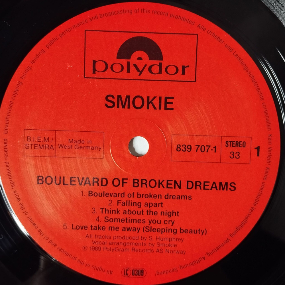 Винтажная виниловая пластинка LP Smokie Boulevard Of Broken Dreams (Germany 1989)
