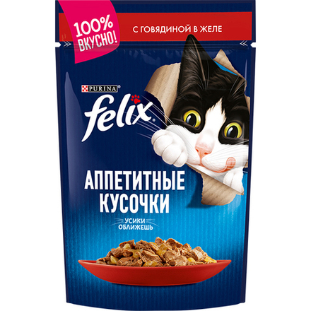 Felix 75г пауч Аппетитные кусочки Влажный корм для кошек Говядина (желе)