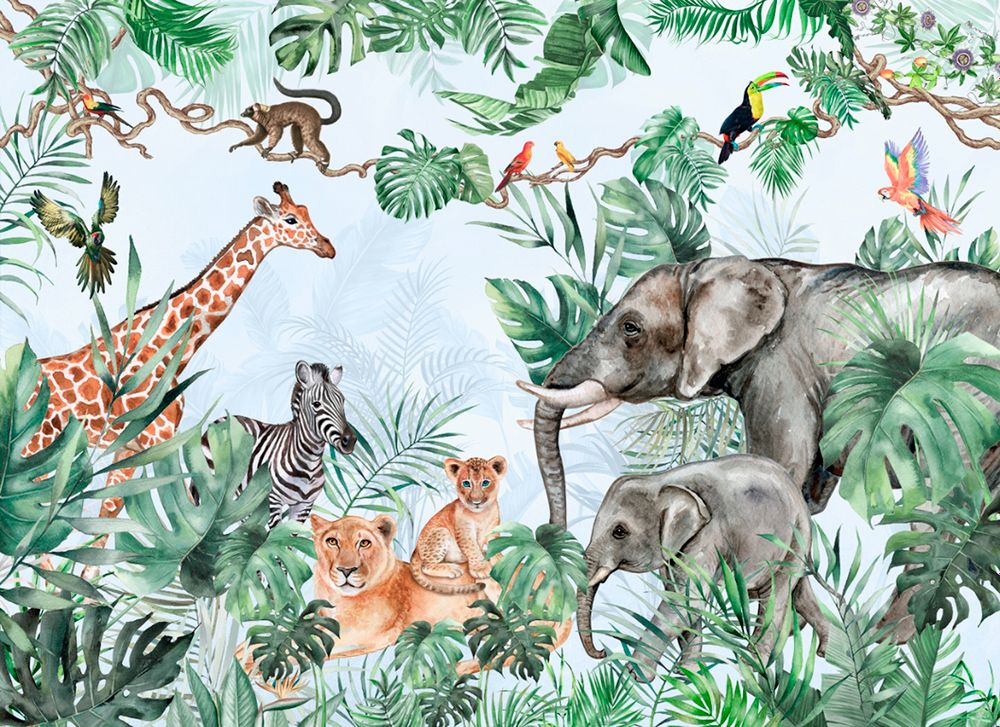 Фотообои животные в джунглях акварель зелёный и синий 040-002