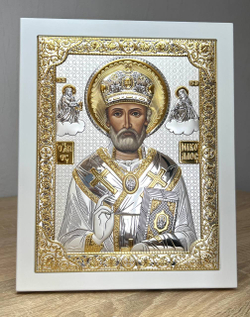 Николай Чудотворец, икона прямоугольная с рамкой, белое дерево 210х260