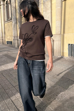 ZARA ФУТБОЛКА С РЕЛЬЕФНЫМИ БАНТАМИ, КОРИЧНЕВЫЙ