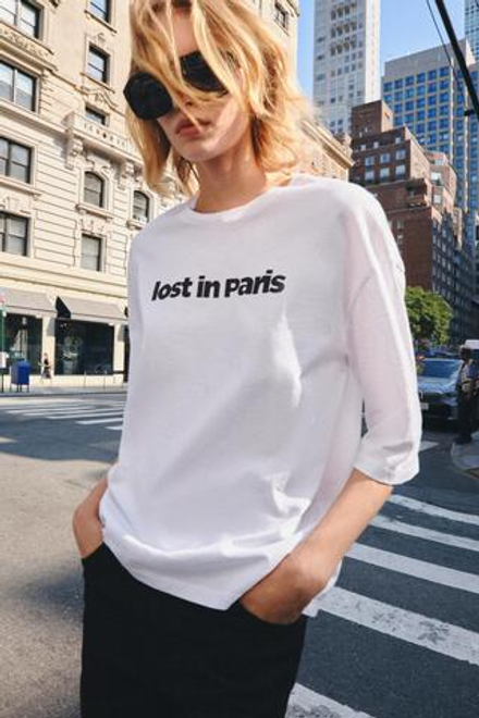 ZARA ФУТБОЛКА С НАДПИСЬЮ, ЖЕЛТОВАТО-БЕЛЫЙ