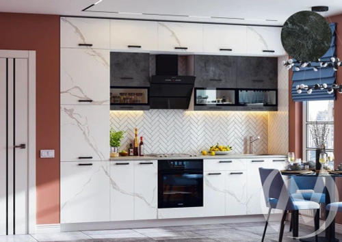 Кухня Техно 3м Компоновка №2 (белый/мрамор белый софт; бетон графит/кастилло темный)