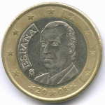 1 евро 2008 год. Испания. Регулярный выпуск. Тип 2. Биметалл VF-XF