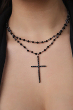 Колье тонкий черный крест на двойной цепочки из черных кристаллов