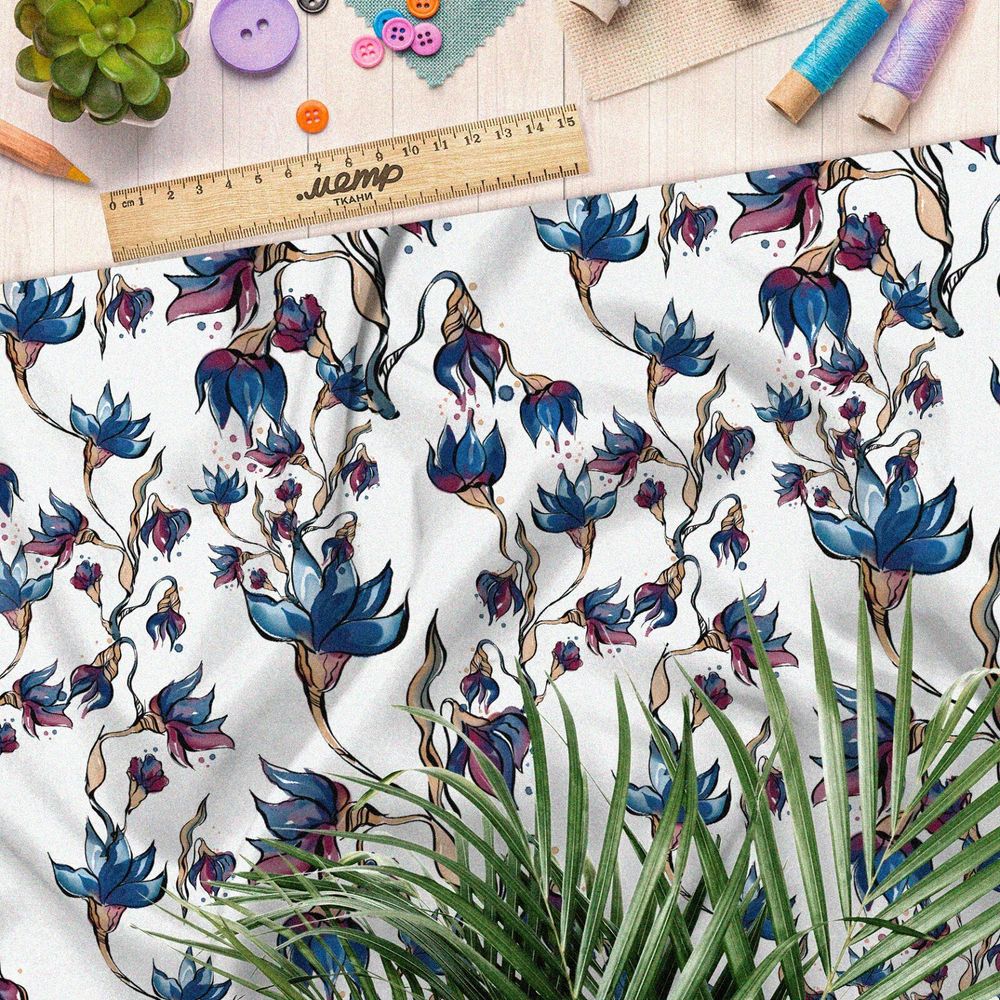 Ткань шифон голубые цветы на белом