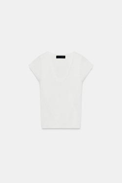 ZARA ТРИКОТАЖНЫЙ ТОП С КОМБИНИРОВАННЫМИ РУКАВАМИ, БЕЛЫЙ