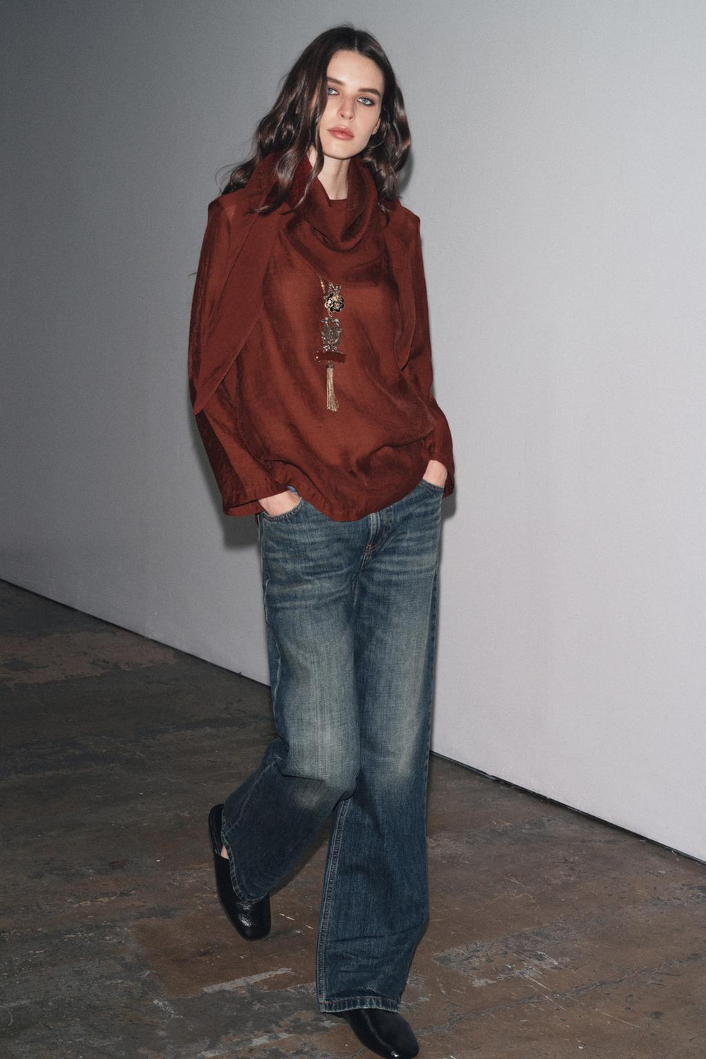 ZARA БЛУЗА СВОБОДНОГО КРОЯ С ПЛАТКОМ-ТРАНСФОРМЕРОМ — ZW COLLECTION, ЧЕРЕПИЧНЫЙ