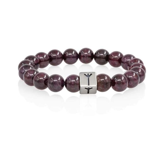 Браслет Защита и уверенность из натурального граната с руной Альгиз в форме куба из серебра 925, вид 1