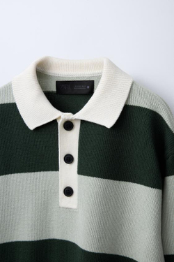 ZARA ТРИКОТАЖНОЕ ПОЛО В ПОЛОСКУ, ЗЕЛЕНЫЙ