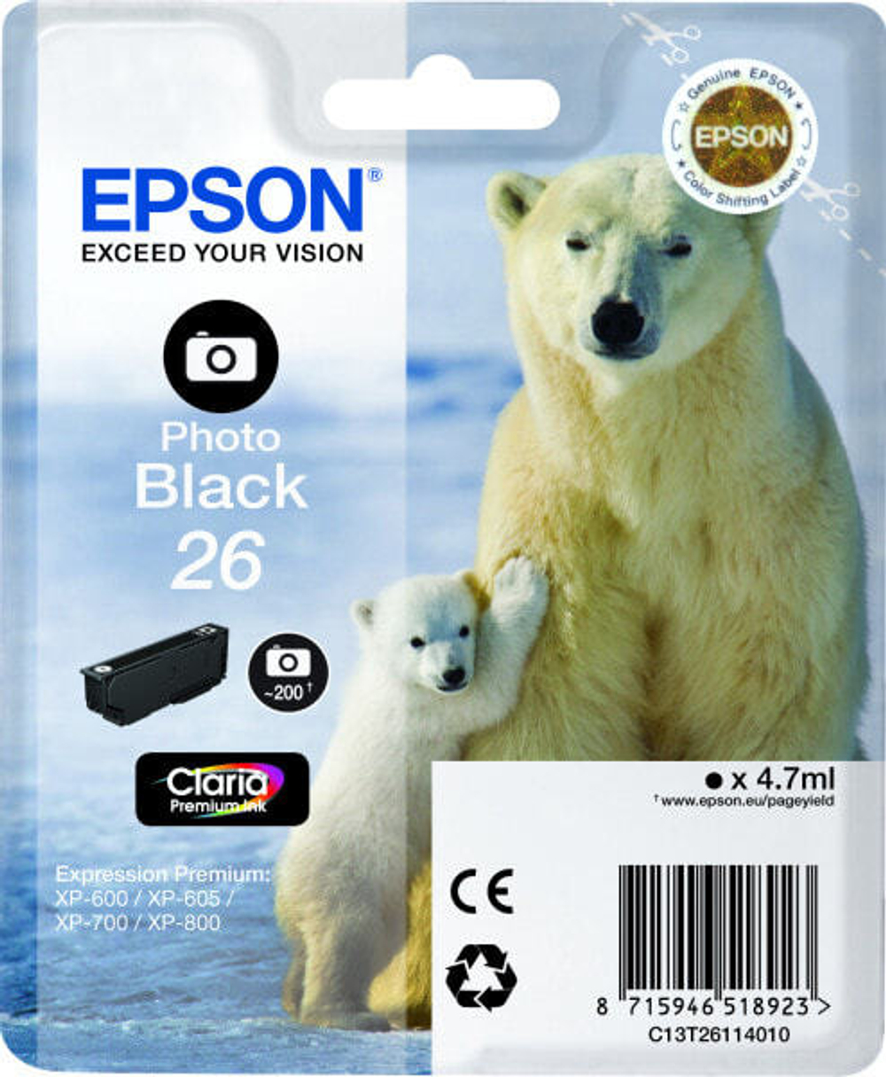 Epson Polar bear Singlepack Photo Black 26 Claria Premium Ink C13T26114010