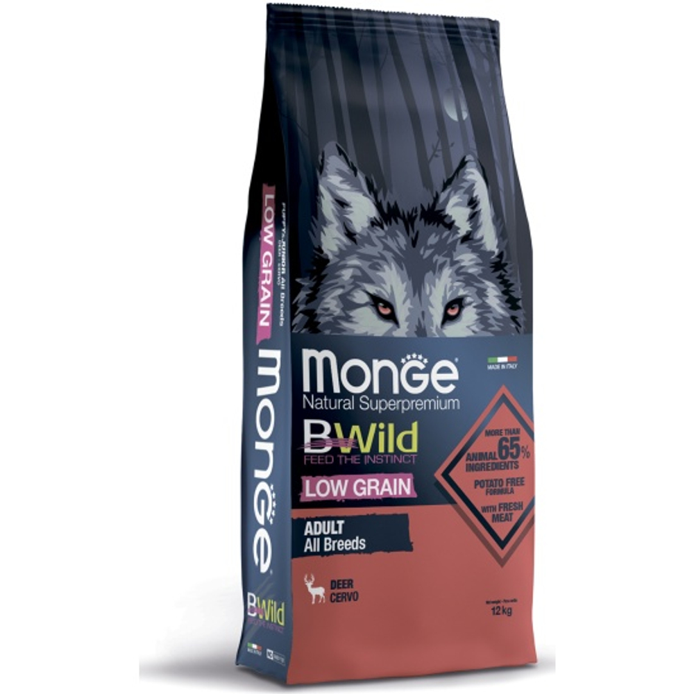 Сухой корм Monge Dog BWild LOW GRAIN для взрослых собак, низкозерновой, из мяса оленя 12 кг